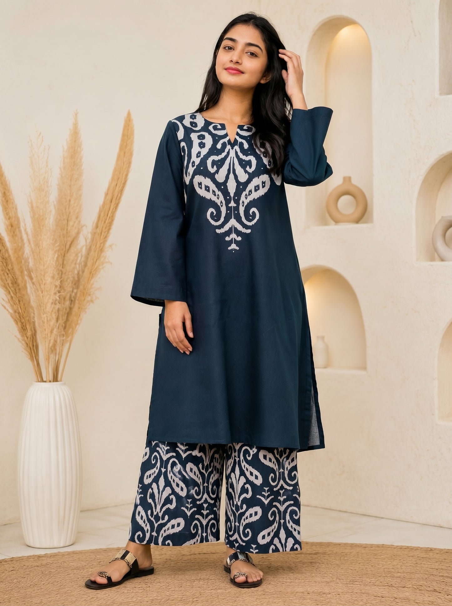 Slate Blue Botanical Print Pleated Dress (Copy)