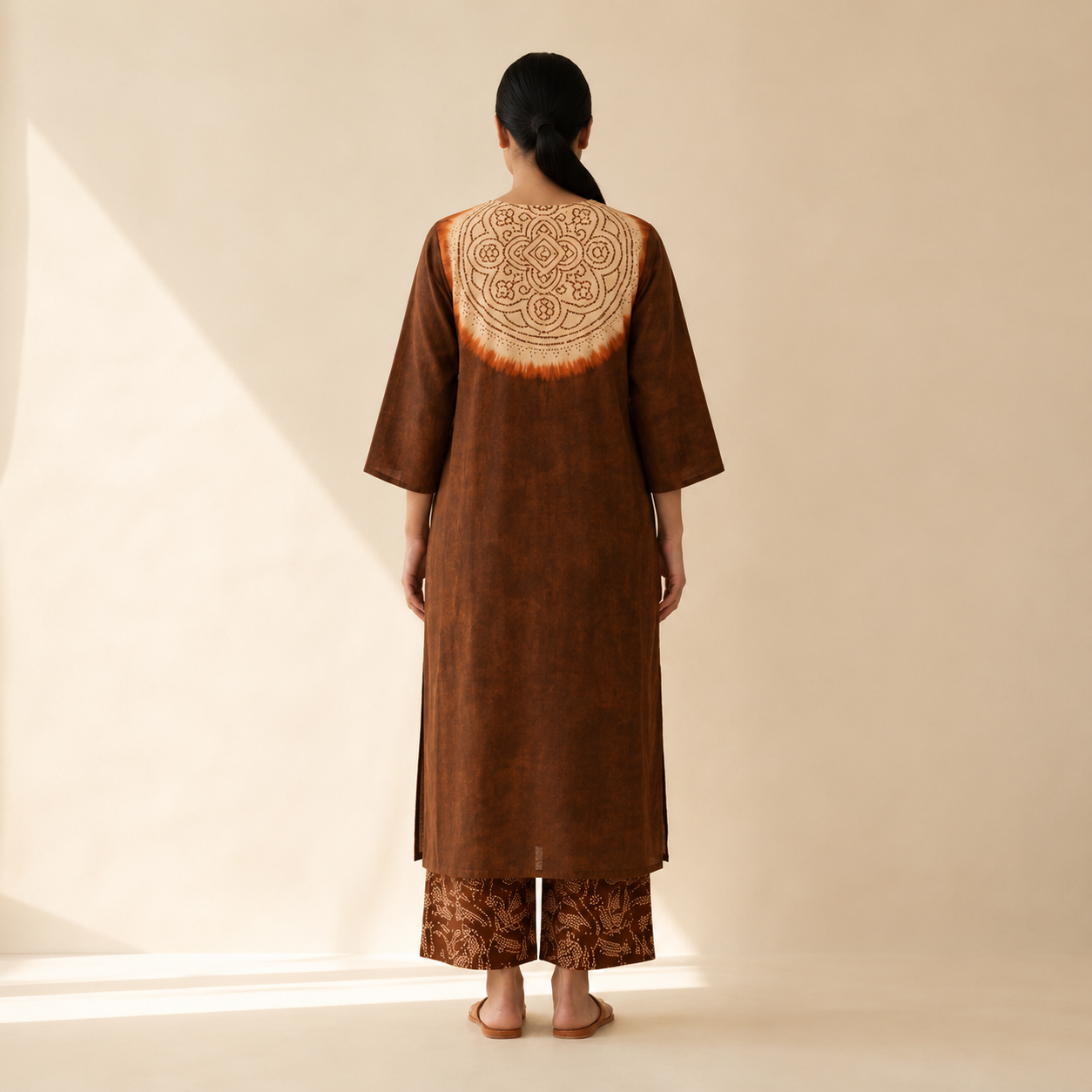 Women's Premium Brown Cotton Tie-Dye Embroidered Kurta Set