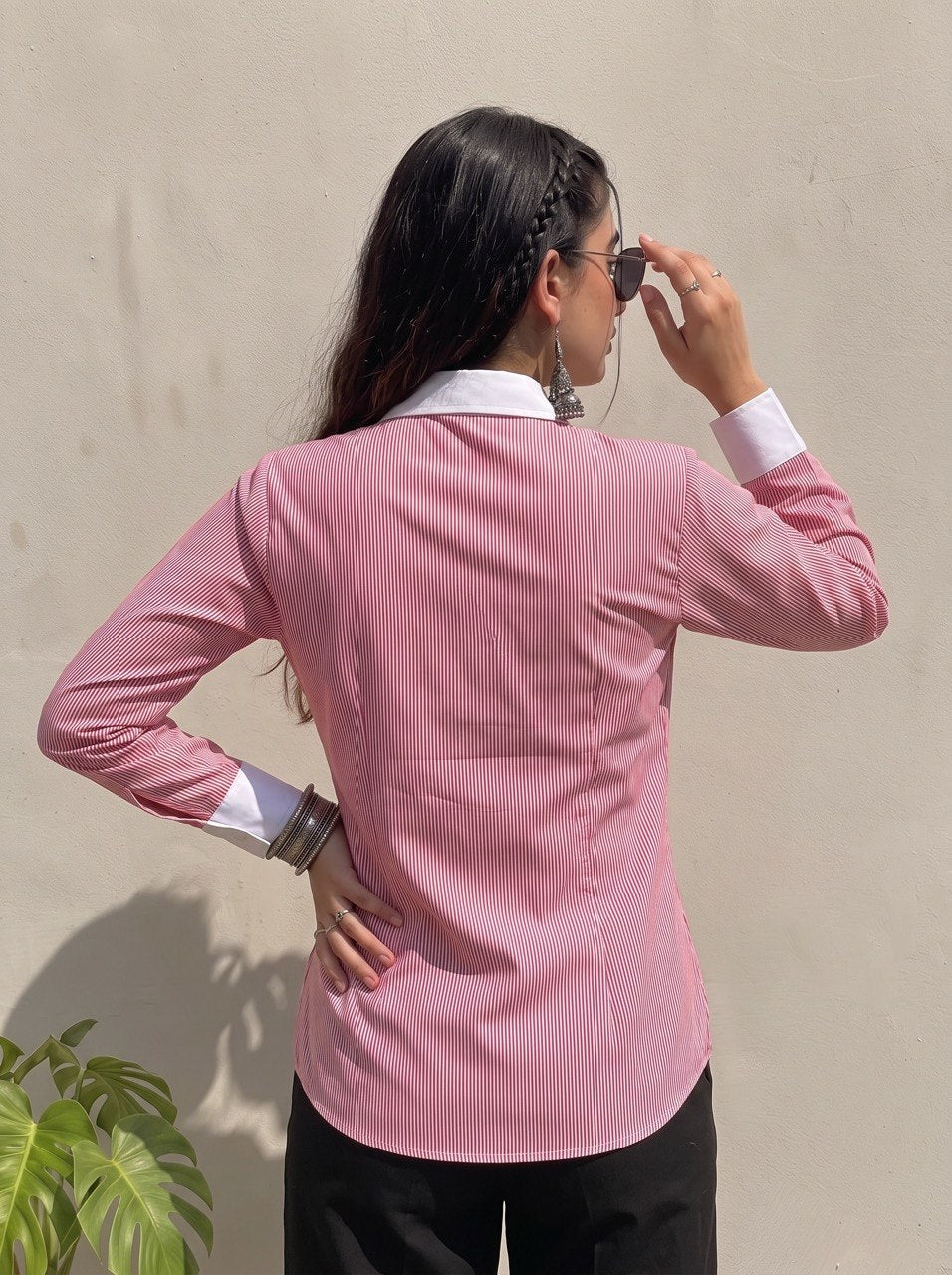 Rose Pink Pinstripe Contrast Collar Shirt