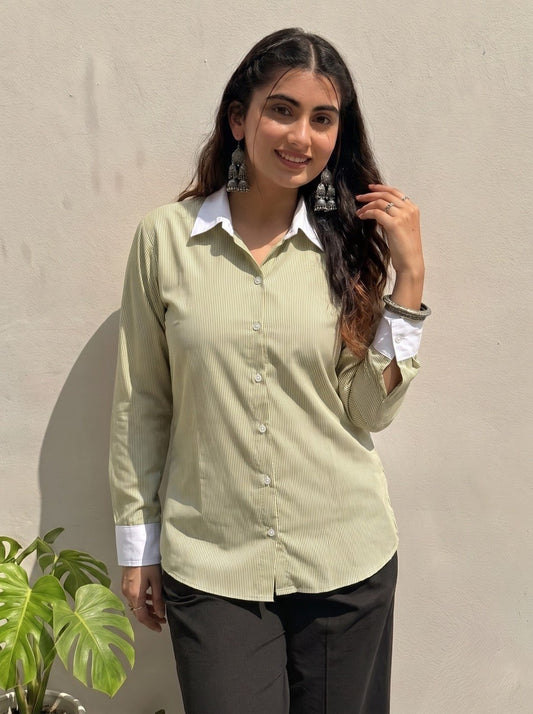 Sage Green Pinstripe Contrast Collar Shirt