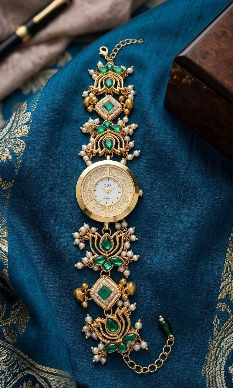 Emerald Lotus Pearl Bracelet Watch