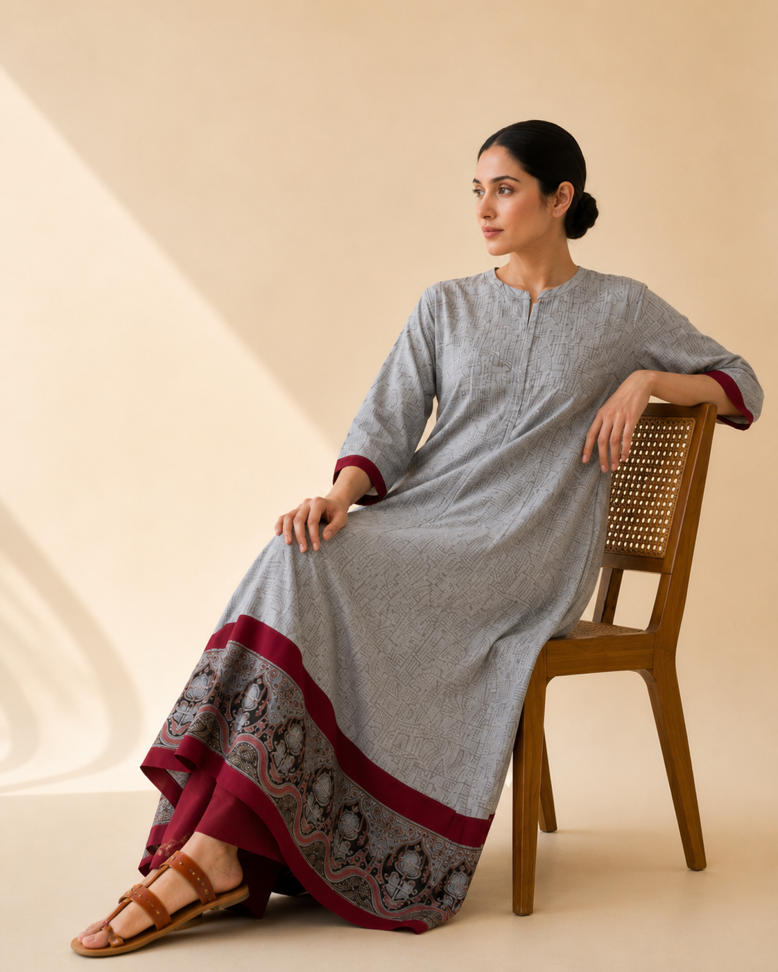 Dove Grey & Maroon Heritage Border Flared Kurta Palazzo Set