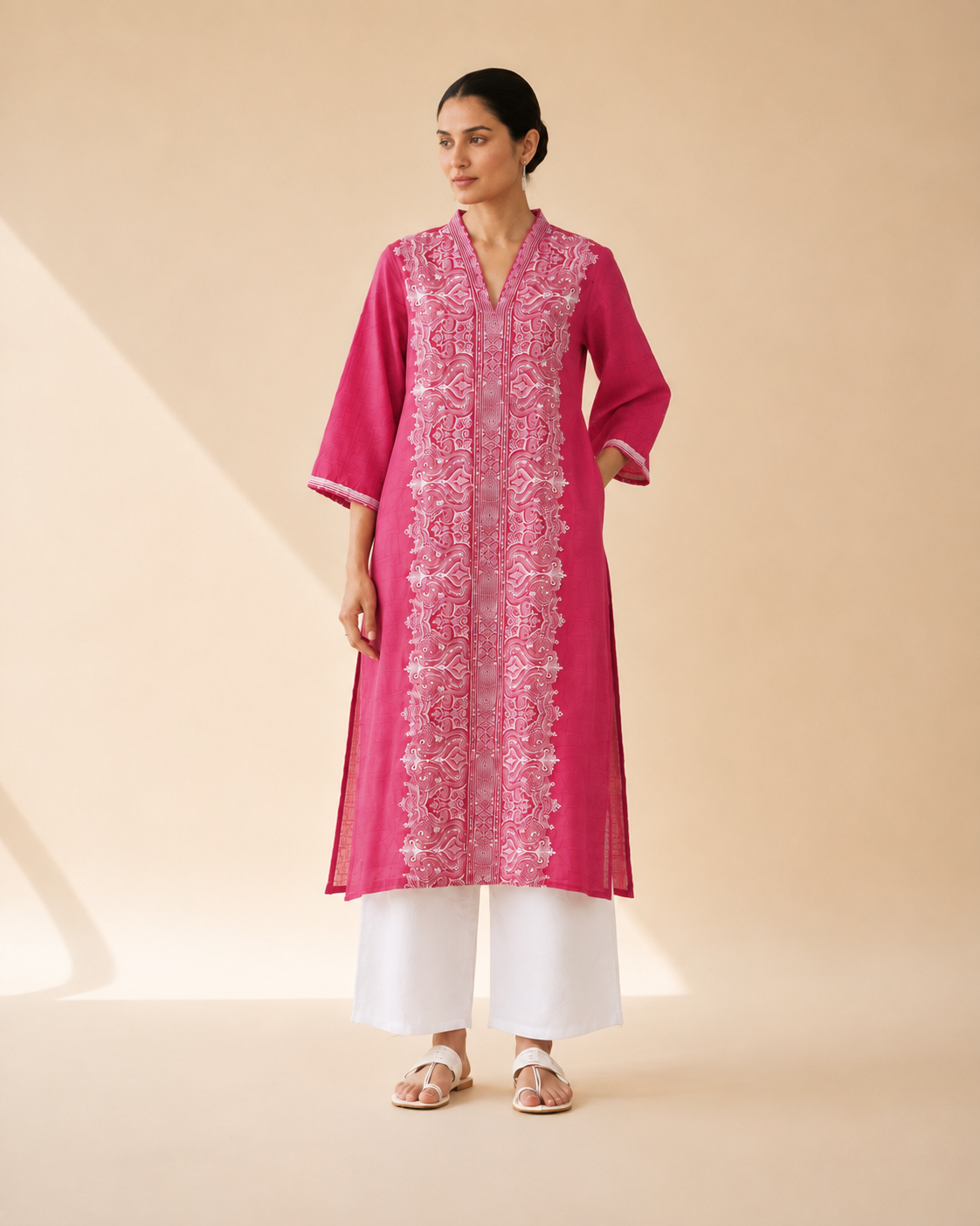 Rani Pink Embroidered Kurta Palazzo Set