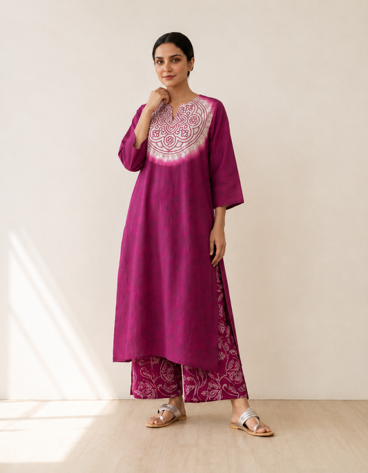Women's Premium Magenta Cotton Tie-Dye Embroidered Kurta