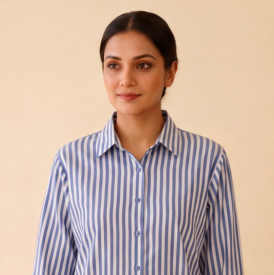 Women's Blue & White Striped Casual Shirt – Product Description (Shirt Only)