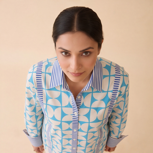 Women's Sky Blue Geometric Print Casual Shirt – Product Description (Shirt Only)