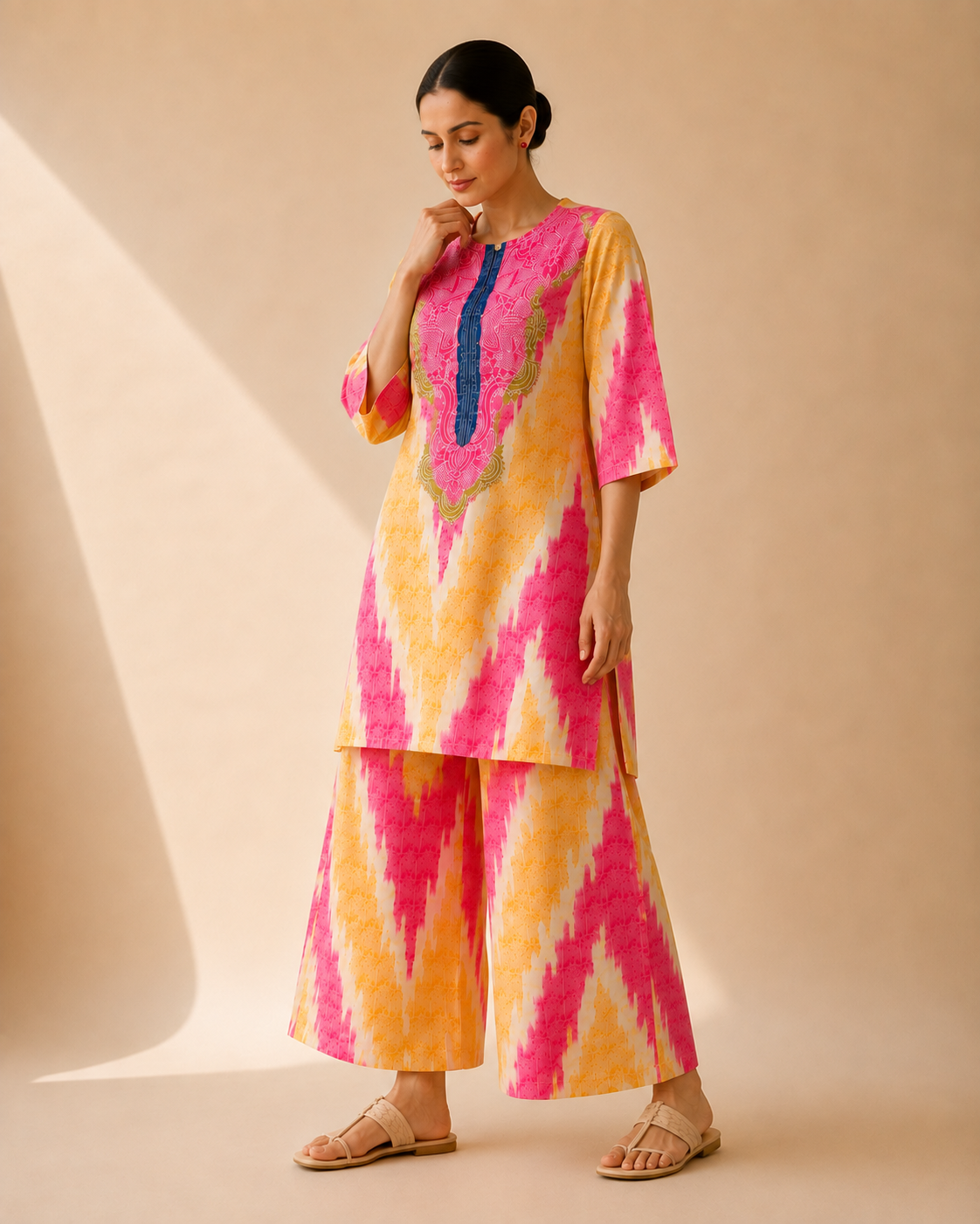 Fuchsia Pink & Mustard Artistic Print Kurta Palazzo Set