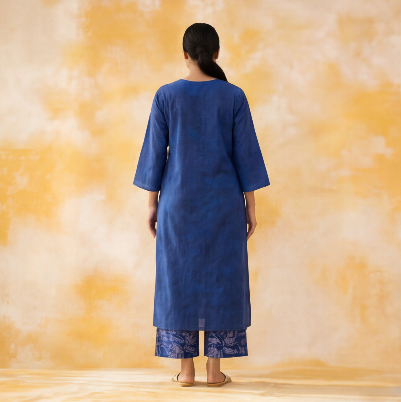 Women's Premium Blue Cotton Tie-Dye Embroidered Kurta