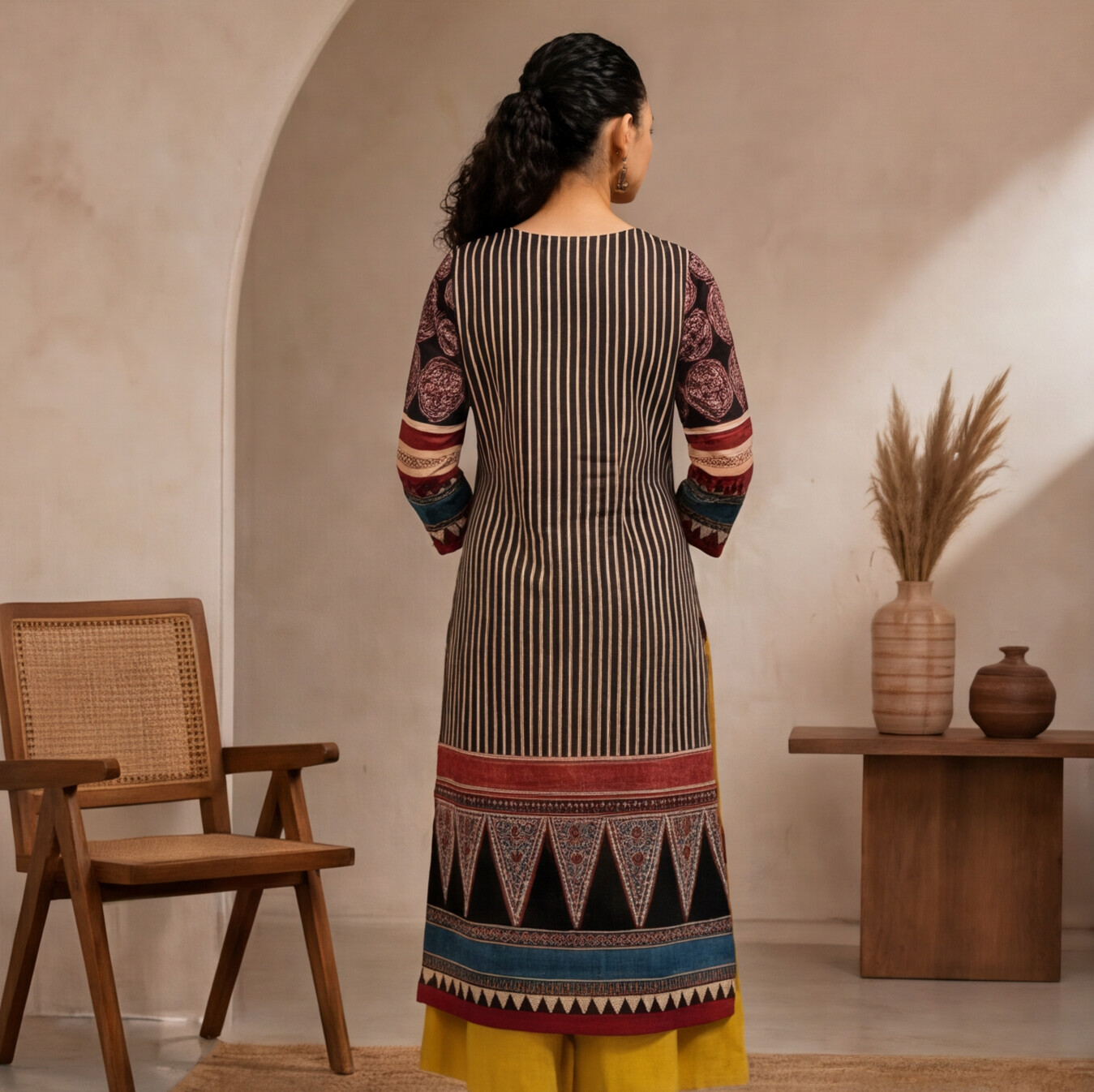 Women's Black Geometric Printed Straight Kurta Set