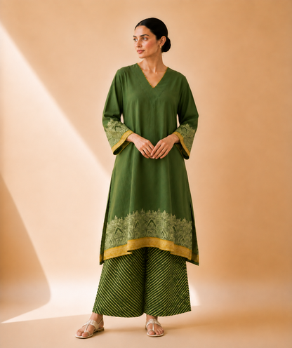 Olive Green Heritage Print Kurta Palazzo Set