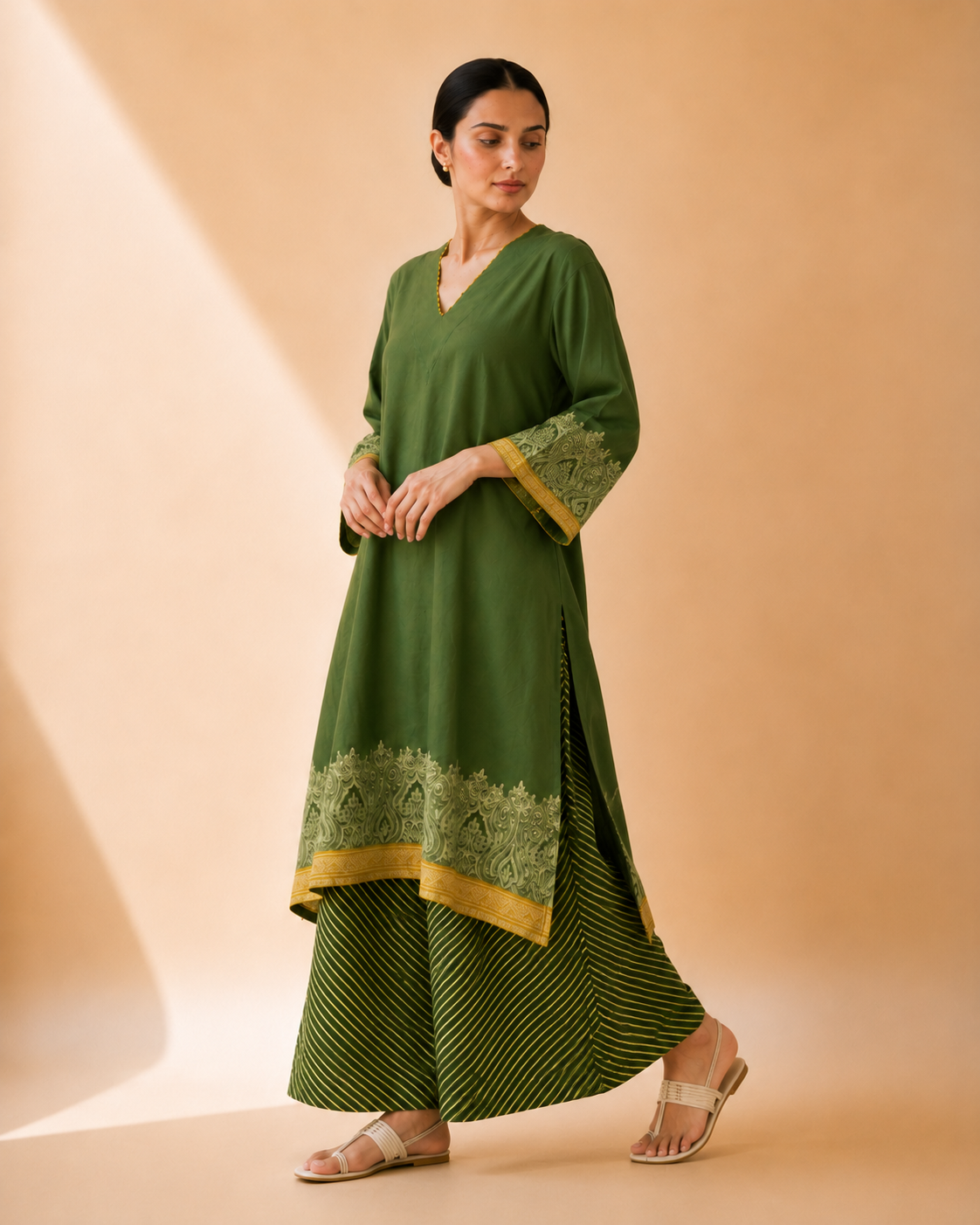 Olive Green Heritage Print Kurta Palazzo Set