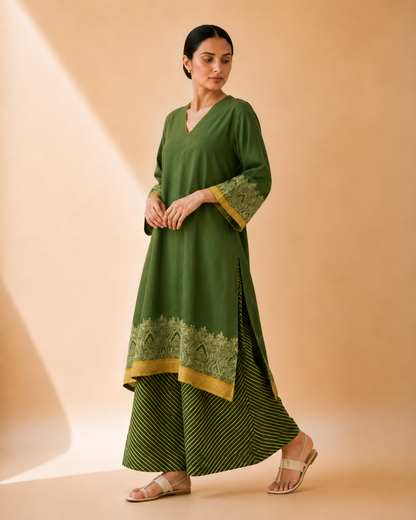 Olive Green Heritage Print Kurta Palazzo Set