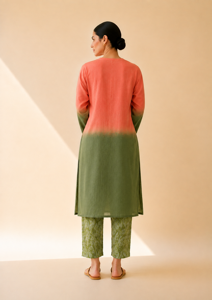 Coral & Olive Ombre Kurta Pant Set