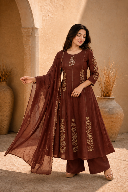 Mahogany Brown Embroidered Anarkali Kurta Set with Dupatta