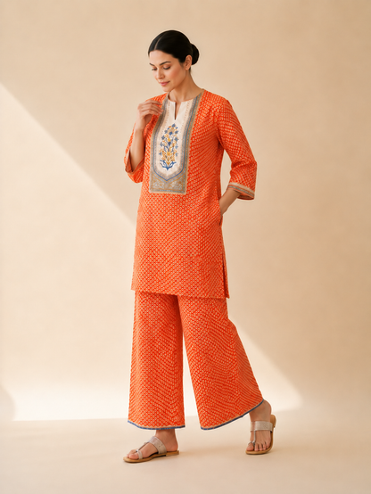Orange Bandhani Print Kurta Palazzo Set