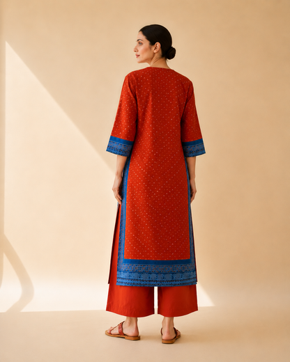 Rust Red & Royal Blue Border Kurta Palazzo Set