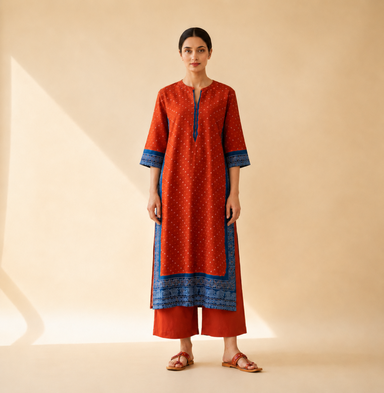 Rust Red & Royal Blue Border Kurta Palazzo Set