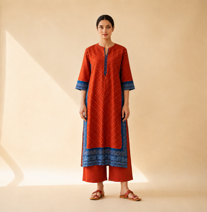 Rust Red & Royal Blue Border Kurta Palazzo Set