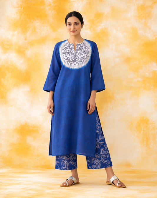 Women's Premium Blue Cotton Tie-Dye Embroidered Kurta