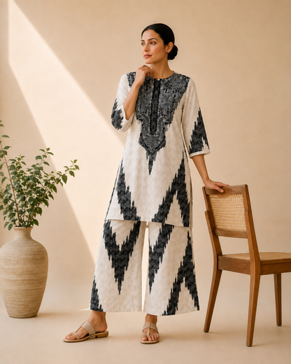 Ivory & Black Artistic Print Kurta Palazzo Set