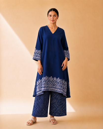 Royal Navy Blue Heritage Border Kurta Palazzo Set