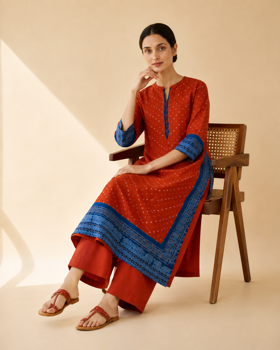 Rust Red & Royal Blue Border Kurta Palazzo Set