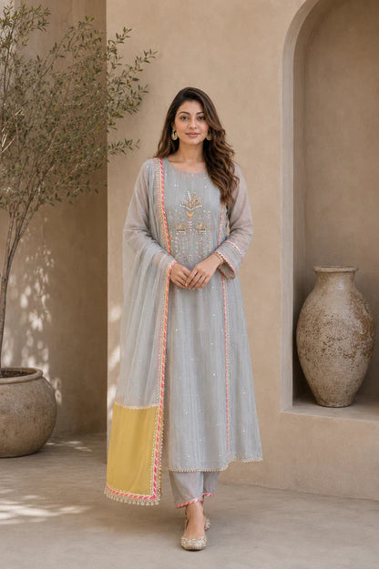 Aafreen Mist Grey Embroidered Kurta Set