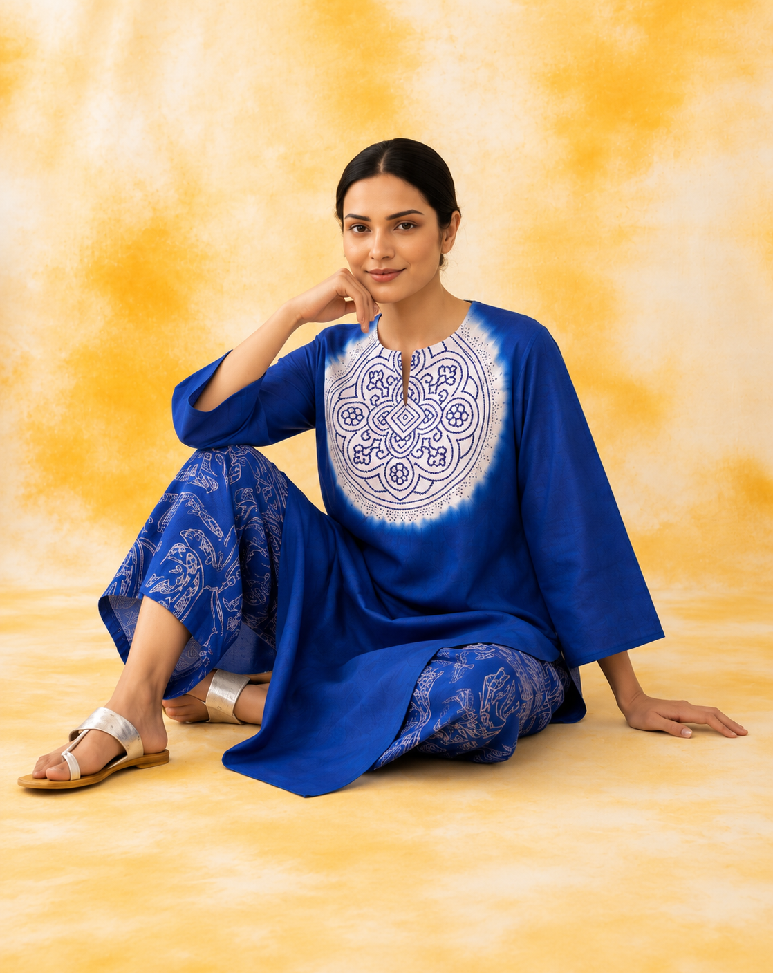 Women's Premium Blue Cotton Tie-Dye Embroidered Kurta