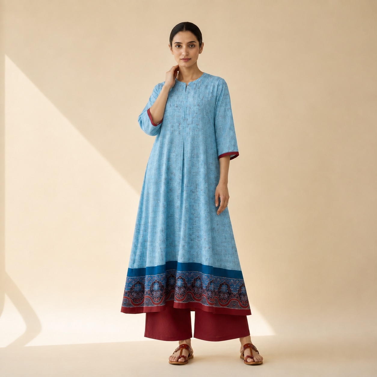 Sky Blue Heritage Border Flared Kurta Palazzo Set