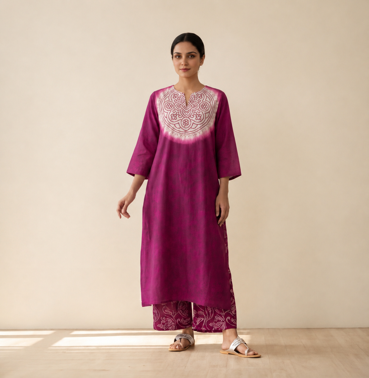 Women's Premium Magenta Cotton Tie-Dye Embroidered Kurta