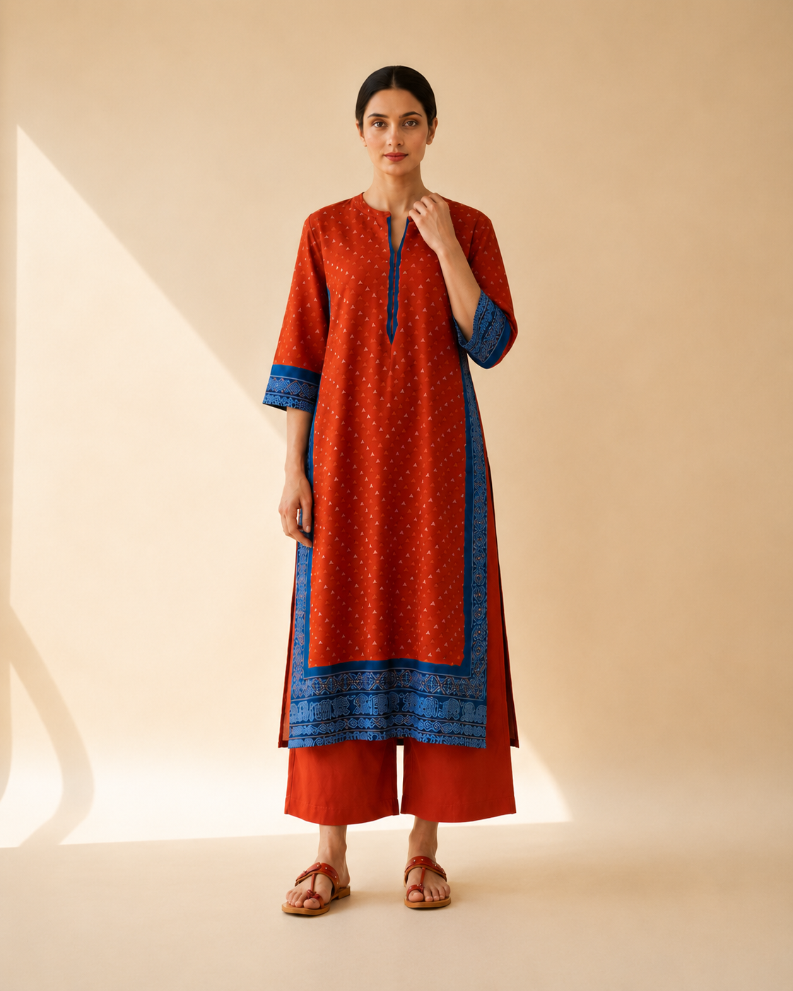 Rust Red & Royal Blue Border Kurta Palazzo Set