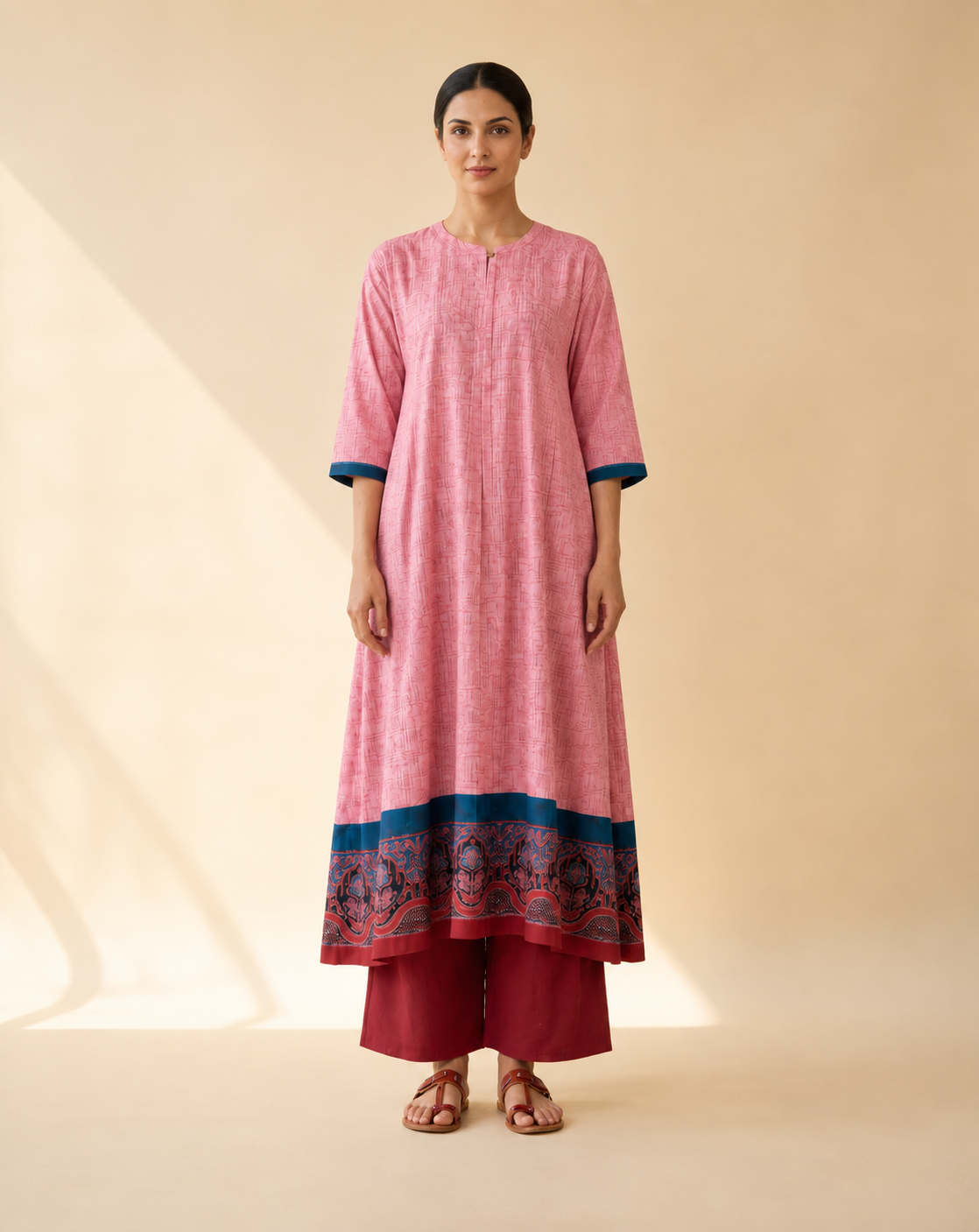 Blush Pink Heritage Border Flared Kurta Palazzo Set