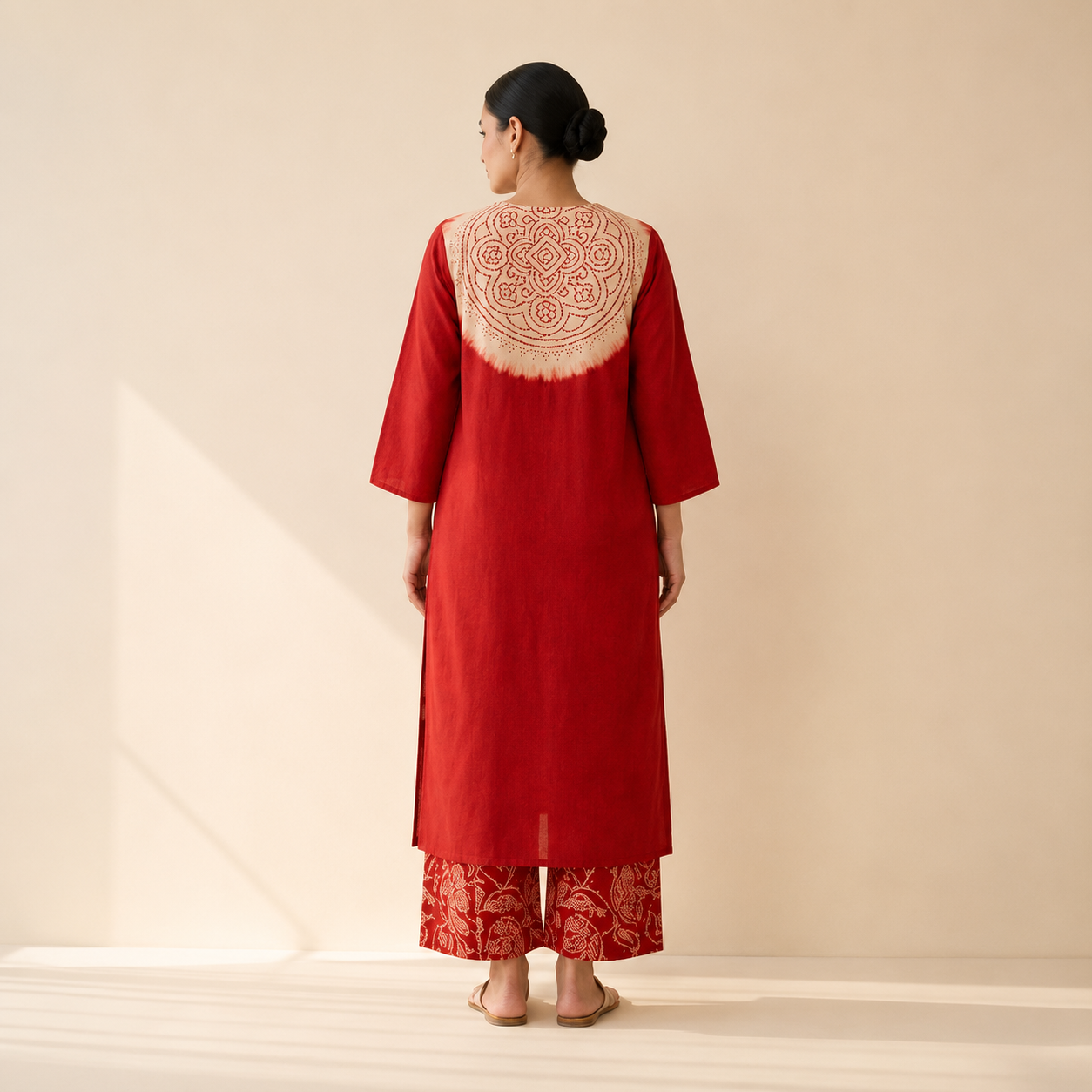 Women's Premium Red Cotton Tie-Dye Embroidered Kurta