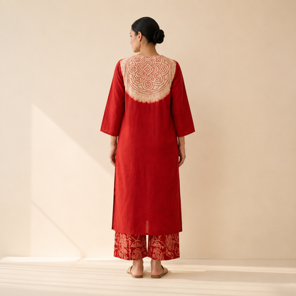Women's Premium Red Cotton Tie-Dye Embroidered Kurta