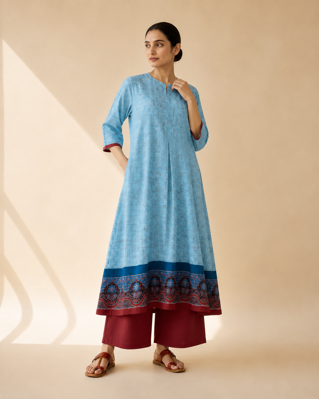 Sky Blue Heritage Border Flared Kurta Palazzo Set
