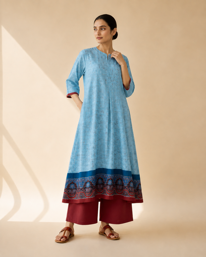 Sky Blue Heritage Border Flared Kurta Palazzo Set