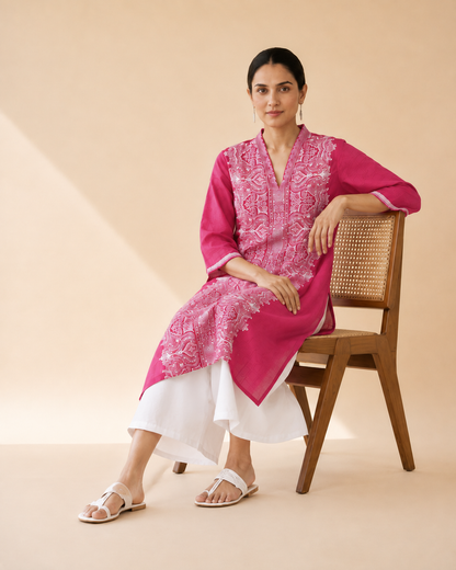 Rani Pink Embroidered Kurta Palazzo Set