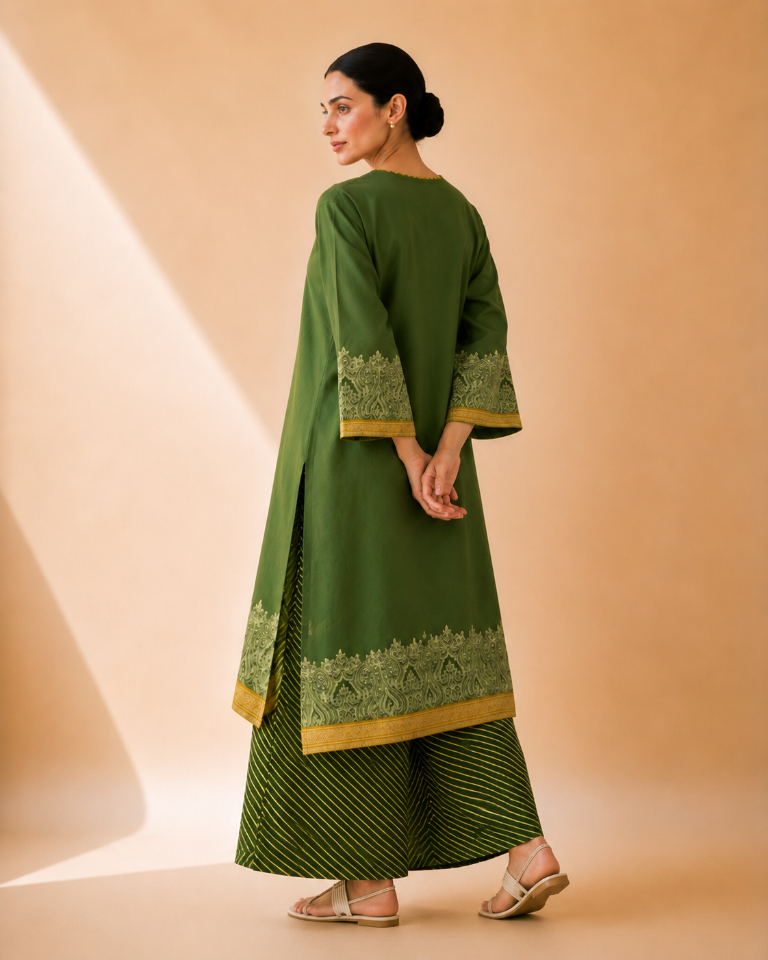 Olive Green Heritage Print Kurta Palazzo Set