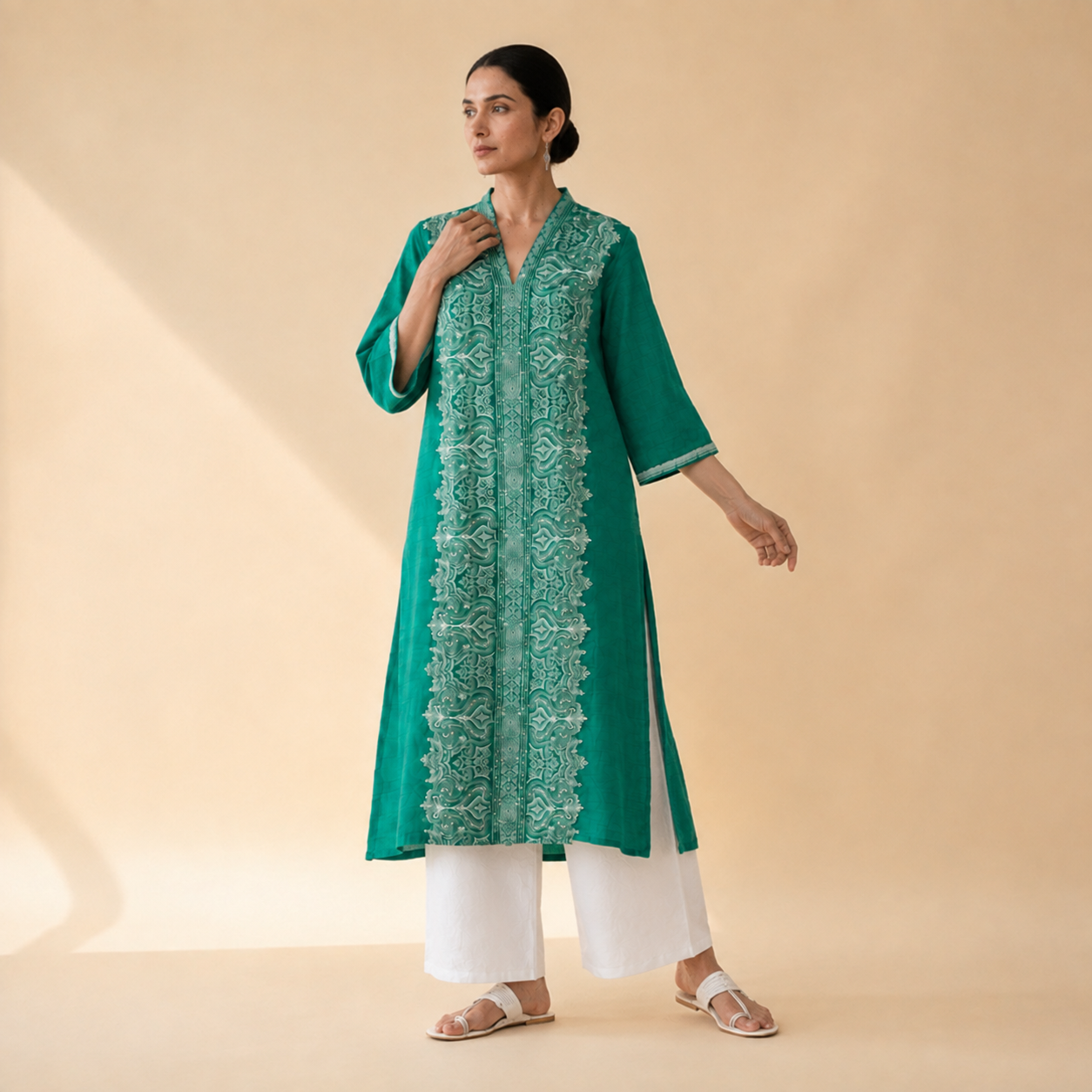 Emerald Elegance Embroidered Kurta Palazzo Set