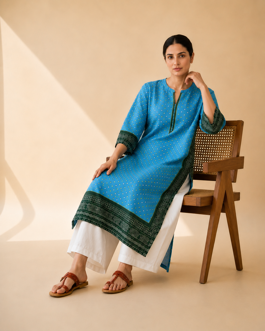 Sky Blue & Bottle Green Heritage Border Kurta Palazzo Set