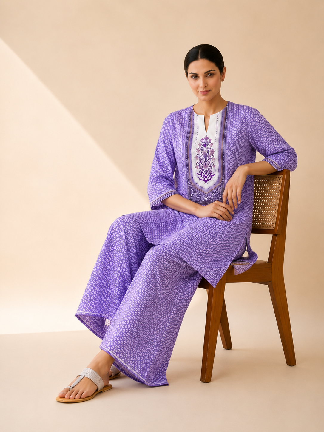 Lavender Bandhani Print Kurta Palazzo Set