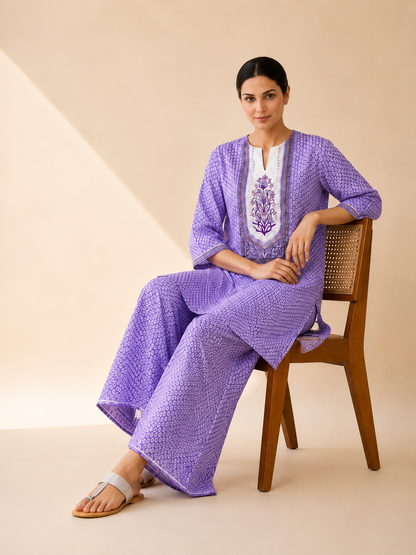 Lavender Bandhani Print Kurta Palazzo Set