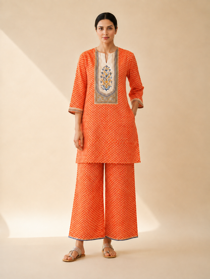 Orange Bandhani Print Kurta Palazzo Set