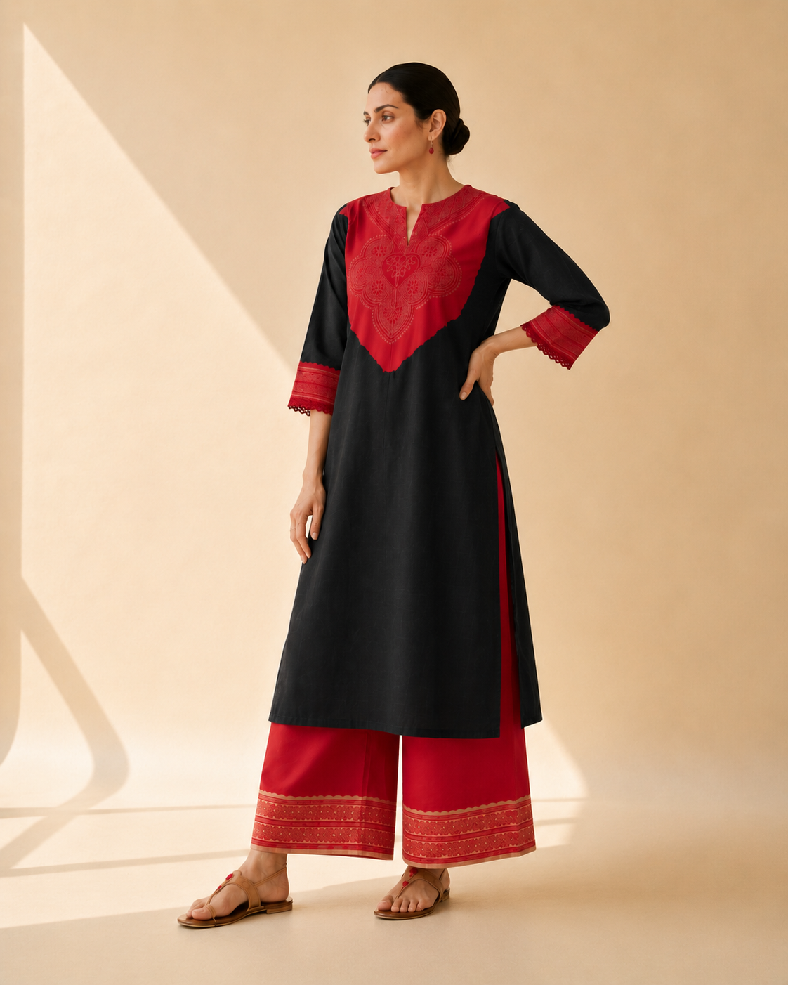 Black & Red Statement Yoke Kurta Palazzo Set