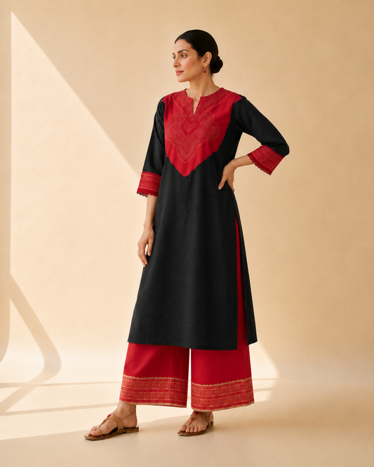 Black & Red Statement Yoke Kurta Palazzo Set