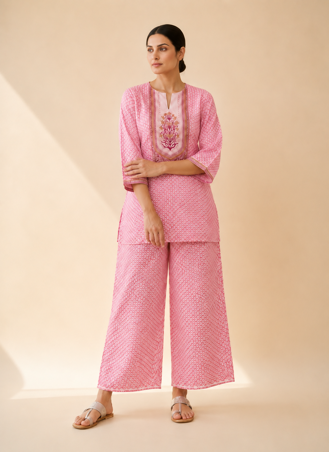 Blush Pink Bandhani Print Kurta Palazzo Set