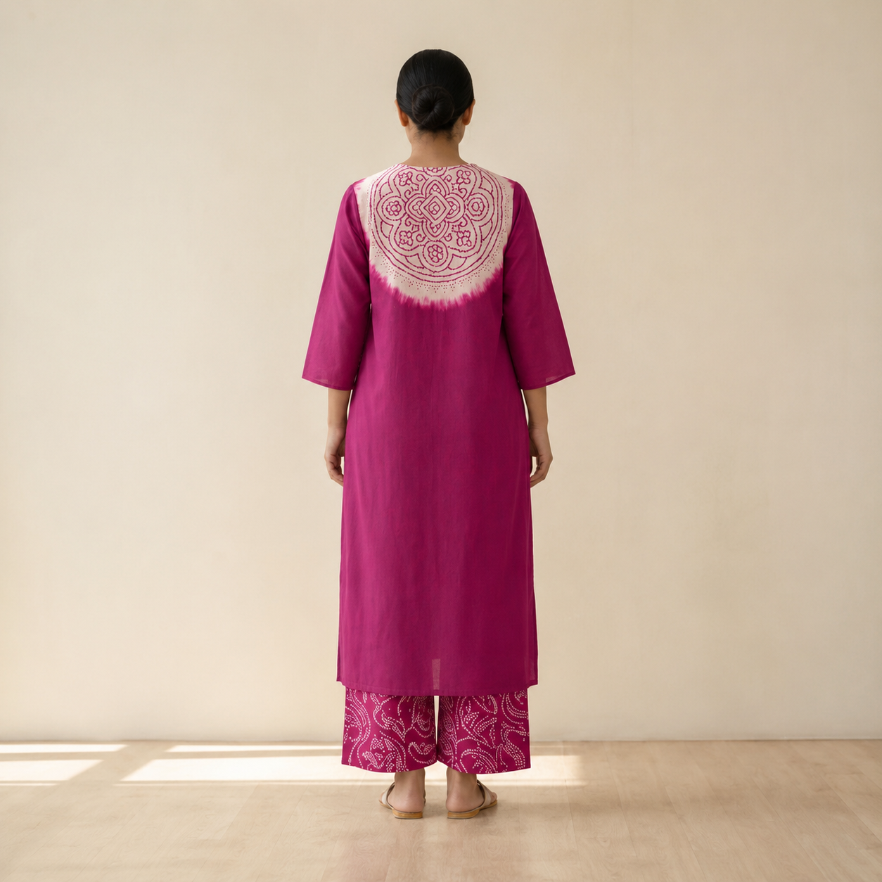 Women's Premium Magenta Cotton Tie-Dye Embroidered Kurta