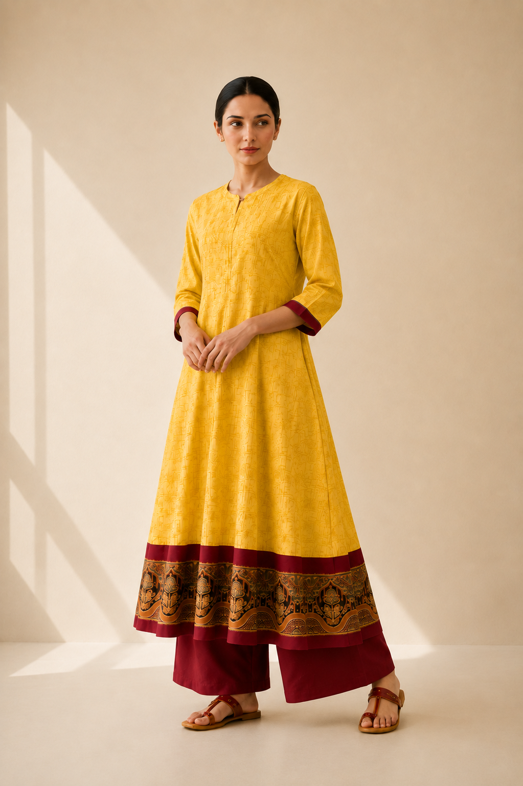 Mustard Yellow & Maroon Printed Flared Kurta Palazzo Set