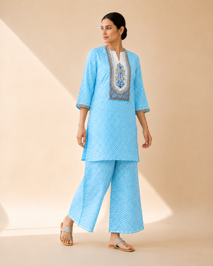 Sky Blue Bandhani Print Kurta Palazzo Set