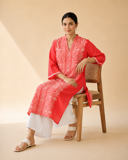 Coral Red Embroidered Kurta Palazzo Set